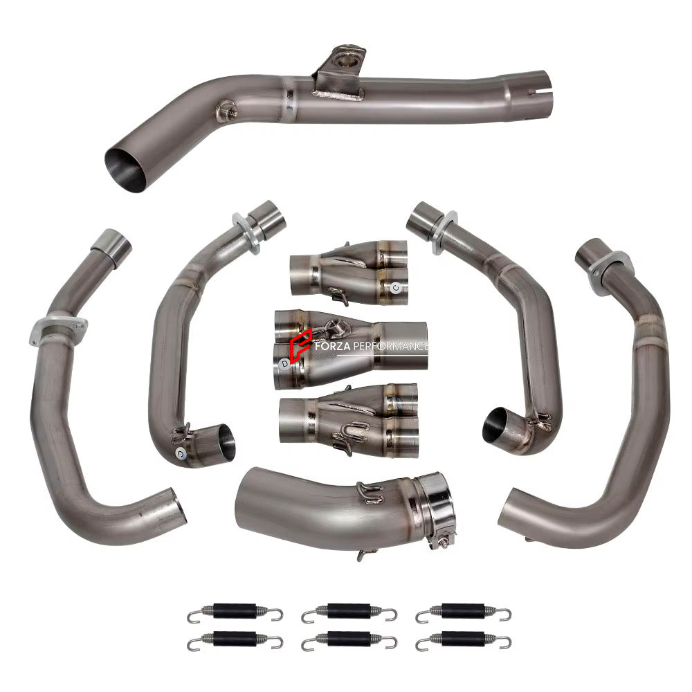 TITANIUM MOTORCYCLE EXHAUST SYSTEM for KAWASAKI ZX-4R ZX-4RR

Set include:

Header
4-1 Merge Collector
Mid Pipe

Aprox Weight: 5 kg (11 lbs)

Material: Titanium (can be made in Stainless Steel)

NOTE:&nbsp;Professional installation is required.

FEATURES:

Engineered Digital prototyping using 3D CAD design software, each car model chassis has been 3D laser scanned in the factor
Factory run all test cars on Italian 1200HP Dyno machine, to make the best performance design of exhaust
CNC bending machine accura