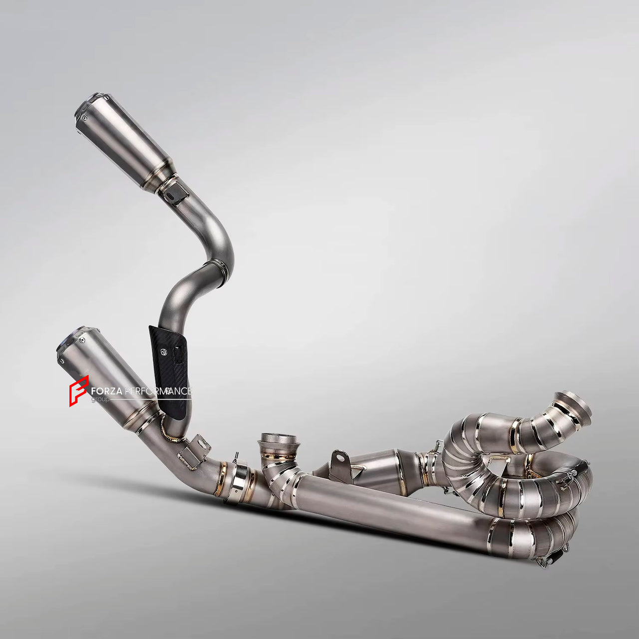 TITANIUM MOTORCYCLE EXHAUST SYSTEM for KTM DUKE SUPER DUKE 1290 1390

Set include:

Header
2-1 Merge Collector

Resonator
Mid pipe

Link Pipe
Exhaust Slip Ons

Material: Titanium (can be made in Stainless Steel)

NOTE:&nbsp;Professional installation is required.

FEATURES:

Engineered Digital prototyping using 3D CAD design software, each car model chassis has been 3D laser scanned in the factor
Factory run all test cars on Italian 1200HP Dyno machine, to make the best performance design of exhaust
CNC bend