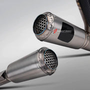 TITANIUM MOTORCYCLE EXHAUST SYSTEM for KTM DUKE SUPER DUKE 1290 1390

Set include:

Header
2-1 Merge Collector

Resonator
Mid pipe

Link Pipe
Exhaust Slip Ons

Material: Titanium (can be made in Stainless Steel)

NOTE:&nbsp;Professional installation is required.

FEATURES:

Engineered Digital prototyping using 3D CAD design software, each car model chassis has been 3D laser scanned in the factor
Factory run all test cars on Italian 1200HP Dyno machine, to make the best performance design of exhaust
CNC bend