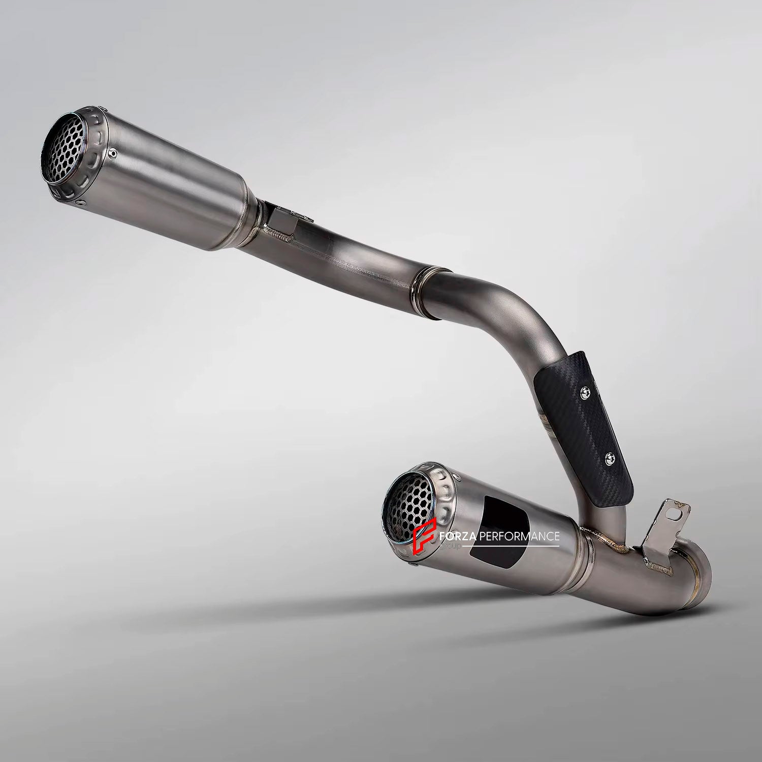 TITANIUM MOTORCYCLE EXHAUST SYSTEM for KTM DUKE SUPER DUKE 1290 1390

Set include:

Header
2-1 Merge Collector

Resonator
Mid pipe

Link Pipe
Exhaust Slip Ons

Material: Titanium (can be made in Stainless Steel)

NOTE:&nbsp;Professional installation is required.

FEATURES:

Engineered Digital prototyping using 3D CAD design software, each car model chassis has been 3D laser scanned in the factor
Factory run all test cars on Italian 1200HP Dyno machine, to make the best performance design of exhaust
CNC bend