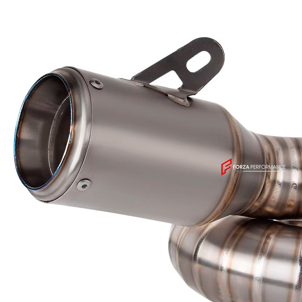 TITANIUM MOTORCYCLE EXHAUST SYSTEM for TRIUMPH STREET TRIPLE 765 R RS

Set include:

Header
3-1 Merge Collector
Mid pipe
Slip - On

Material: Titanium (can be made in Stainless Steel)

NOTE: Professional installation is required.

FEATURES:

Engineered Digital prototyping using 3D CAD design software, each car model chassis has been 3D laser scanned in the factor
Factory run all test cars on Italian 1200HP Dyno machine, to make the best performance design of exhaust
CNC bending machine accurately bends the 