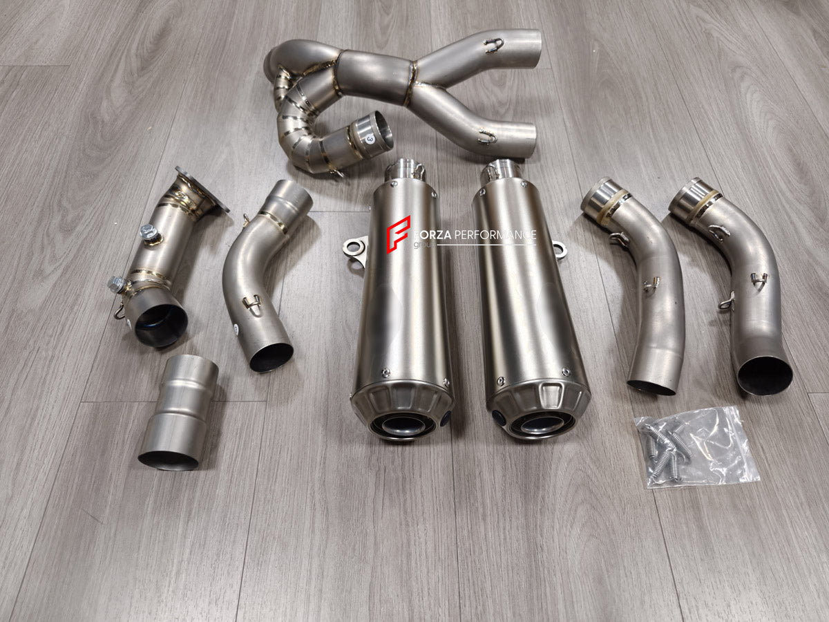 TITANIUM MOTORCYCLE HALF EXHAUST SYSTEM for DUCATI SUPERSPORT 950 950S 2021+

Set include:

Mid Pipe
Link Pipe
Exhaust Slip Ons
Bracket
Material: Titanium + Stainless Steel

NOTE: Professional installation is required.

FEATURES:

Engineered Digital prototyping using 3D CAD design software, each car model chassis has been 3D laser scanned in the factor
Factory run all test cars on Italian 1200HP Dyno machine, to make the best performance design of exhaust
CNC bending machine accurately bends the tube accord