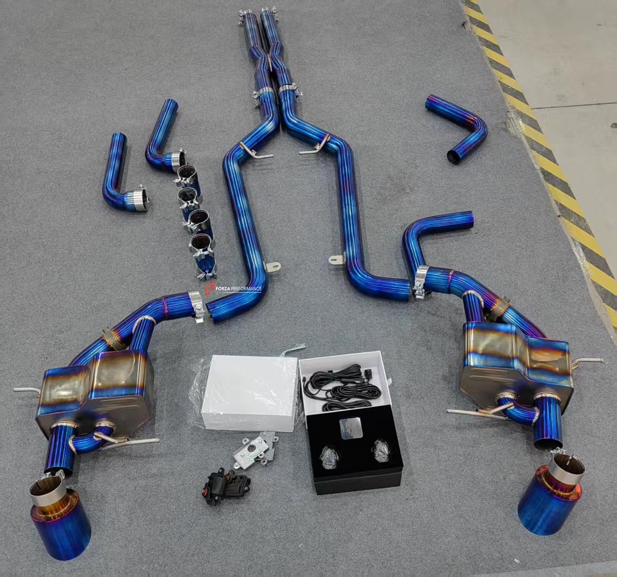 TITANIUM VALVED EXHAUST CATBACK MUFFLER for MASERATI GRANTURISMO M145 GT 4.2 4.7 WITH MC REAR BUMPER 2007 - 2019 FORZA PERFORMANCE Custom Fit

Set includes:

Upper X Pipe
Center Pipes
Mufflers with Valves
Exhaust Tips
Valve Control Box with Remote Control (you may also reuse your factory exhaust valve motors)
Material: Titanium

Production time: 10-15 days
