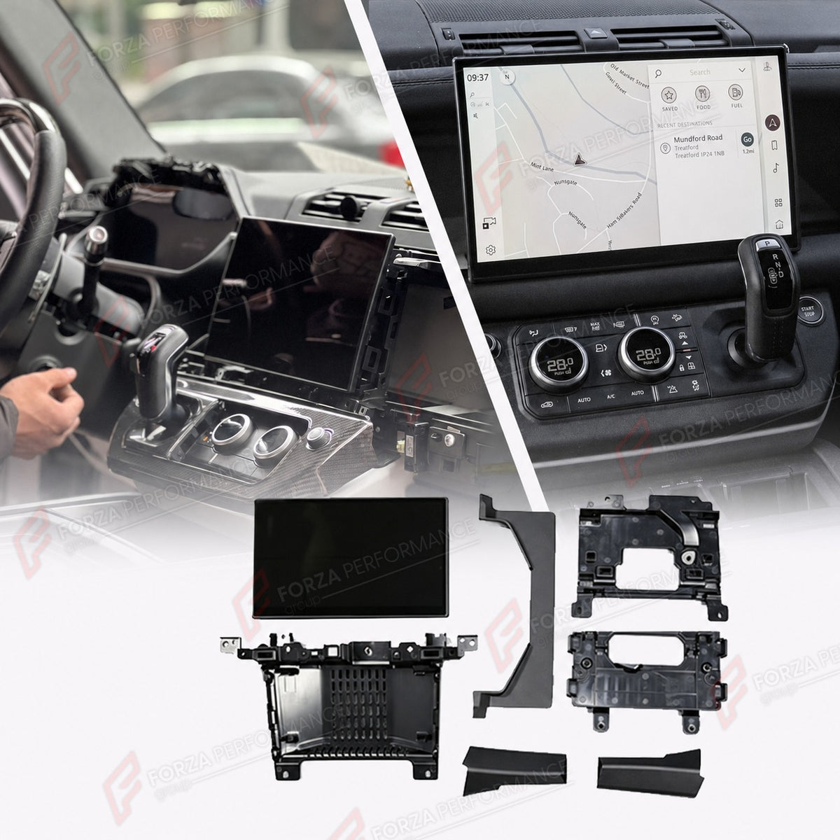 TOUCHSCREEN DISPLAY UPGRADE KIT for LAND ROVER DEFENDER 90 110 130 L663 2020+
Set includes:

Touchscreen Display Assembly
Molded Heat Dissipation Mounting Base
Upper and Lower Dashboard Bracket Kit
Specific Side Trim Bezel Set

NOTE: Professional installation is required.
