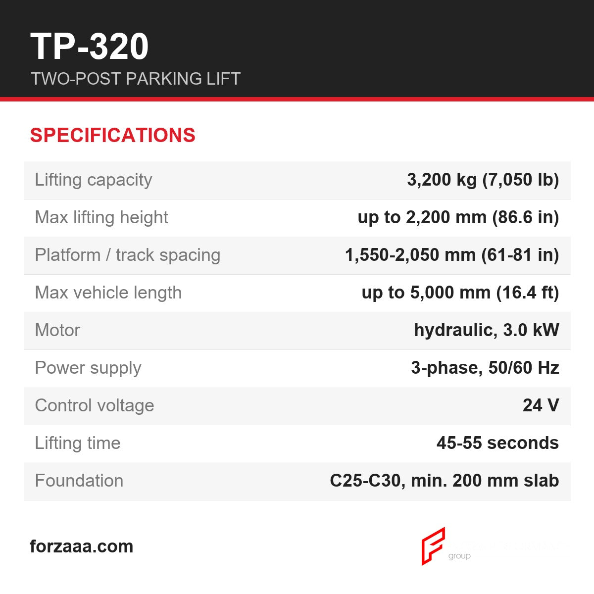 TP-320 Two-Post Garage Parking Lift - 3,200 kg (7,050 lb) Car Stacker - apilador de coches / parking pour voiture