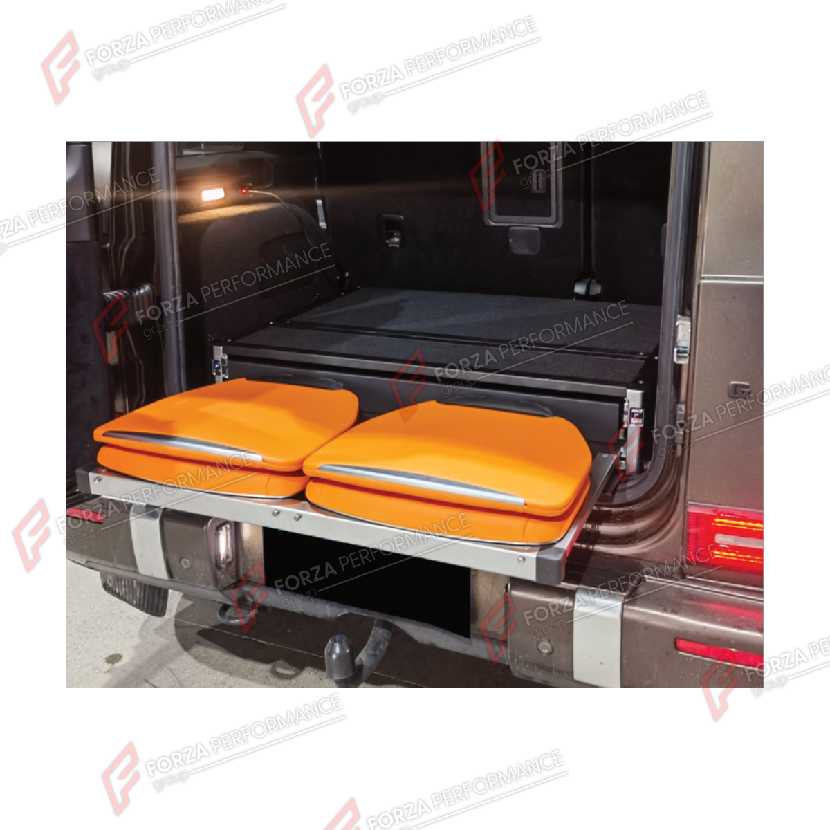 TRUNK STORAGE WITH FOLDING TAILGATE SEATS for MERCEDES-BENZ G-CLASS W464 G63 G350 G350D G400D G500 G550 2019 - 2024

Set includes:
Trunk Storage With Folding Tailgate Seats

Material: Plastic

NOTE: Professional installation is required.