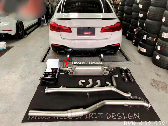 Forza Performance Aggressive sporty sound VALVED EXHAUST CATBACK MUFFLER for BMW 5 SERIES 530i G30 2.0T 2016 - 2020

Valved exhaust, meaning that has remote, controlled valves - allowing a switch between an aggressive loud sports sound and a sound that is closer to the OEM sound

Set includes:

Center Pipes
Exhaust Tips
Muffles with valves

Valve control box with remote control (you may also reuse your factory exhaust valve motors

Factory exhaust tips must be reused

Material: Stainless steel ( for an extr