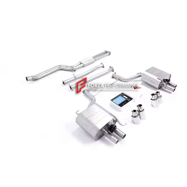 Forza Performance Aggressive sporty sound VALVED EXHAUST CATBACK MUFFLER for BMW 5 SERIES 535 F10 F18 (3.0T)

Valved exhaust, meaning that has remote, controlled valves - allowing a switch between an aggressive loud sports sound and a sound that is closer to the OEM sound

Set includes:

Center Pipes
Exhaust tips
Muffler with valves
Valve control box with remote control (you may also reuse your factory exhaust valve motors)

Factory exhaust tips must be reused.

Material: Stainless steel (for an extra cost 
