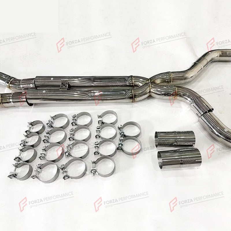 VALVED EXHAUST CATBACK MUFFLER for BMW M8 COMPETITION F91 F92 F93 4.4T 2019 + FORZA PERFORMANCE Custom Fit

Set includes:

Center Pipes
Muffler with Valves
Exhaust Tips
Valve Control Box with Remote Control (you may also reuse your factory exhaust valve motors)
Material: Stainless Steel

Production time: 10–15 days