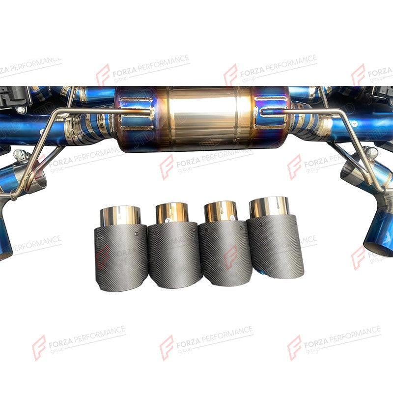 VALVED EXHAUST CATBACK MUFFLER for BMW M8 F92 4.4T 2019 + FORZA PERFORMANCE Custom Fit

Set includes:

Center Pipes
Muffler with Valves
Exhaust Tips
Valve Control Box with Remote Control (you may also reuse your factory exhaust valve motors)
Material: Stainless Steel

Production time: 10–15 days