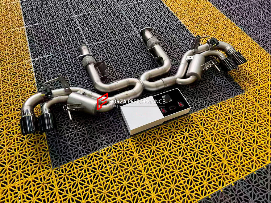 VALVED EXHAUST CATBACK MUFFLER for CHEVROLET CORVETTE C8 6.2T 2020+

Set includes:

Mufflers with Valves
Valve control box with remote control (you may also reuse your factory exhaust valve motors)
Exhaust tips

Material: Stainless Steel

Production time: 15 working days

Note: Professional installation is required.

More options are available for an additional EXTRA cost (not included in this listing price. Please contact for pricing):

We can make the catback in titanium

FEATURES:

Engineered Digital pro