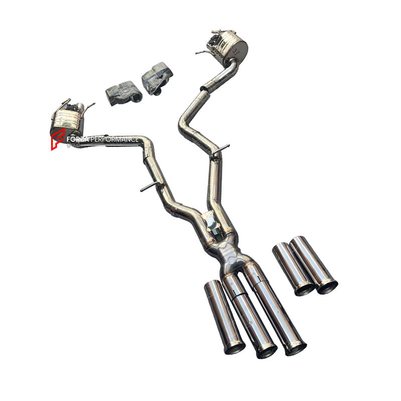 VALVED EXHAUST CATBACK MUFFLER for MERCEDES BENZ AMG W212 E63S 5.5T 2013 - 2016

Valved exhaust, meaning that has remote, controlled valves - allowing a switch between an aggressive loud sports sound and a sound that is closer to the OEM sound.&nbsp;Factory exhaust tips must be reused.

Set includes:

Center Pipes with X Pipe
Valved Bypass Mufflers
Electronic Remote Valve Control

Material: Stainless Steel (for an extra cost we can make Titanium)

NOTE: Professional installation is required

We can offer do