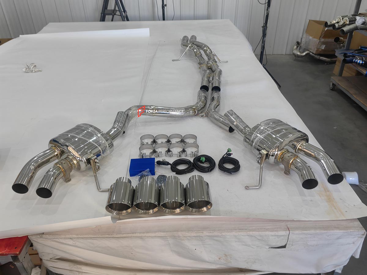 VALVED EXHAUST CATBACK MUFFLER for PORSCHE MACAN 95B 3.0T 2018+ FORZA PERFORMANCE Custom Fit

Set includes:

Center Pipes
Valved Bypass Mufflers
Four Exhaust Tips
Valve Control Box with Remote Control
Material: Stainless Steel (Can be made of Titanium)

Production time: 10–15 days
