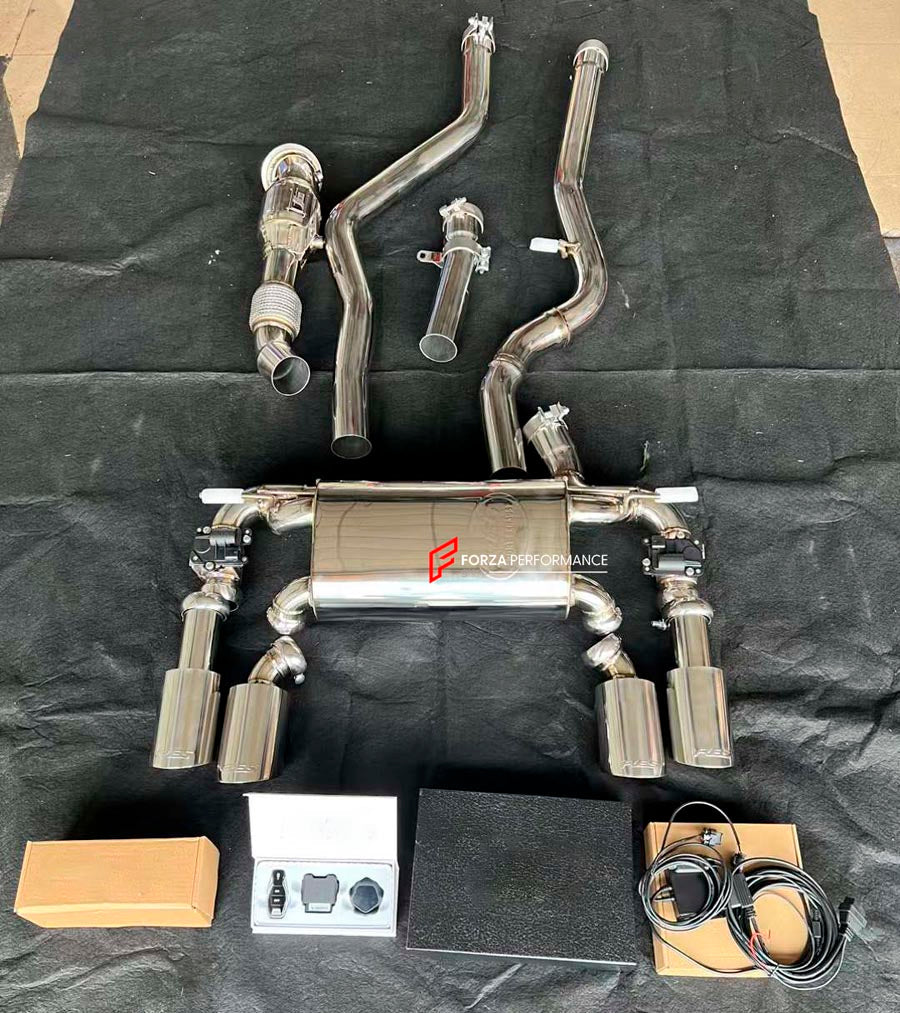 EXHAUST CATBACK MUFFLER for BMW 4 SERIES F33 F32 LCI 440i I6 3.0T 2018 - 2020

Set includes:

Catted or Catless Downpipe
Center Pipes
Valved Bypass Muffler with Quad Exhaust Tips
Electronic Valve Actuators
Valve Control Box with Remote Control (you may also reuse your factory exhaust valve motors)
Material: Stainless Steel (Can be made of Titanium)

Production time: 10-15 days