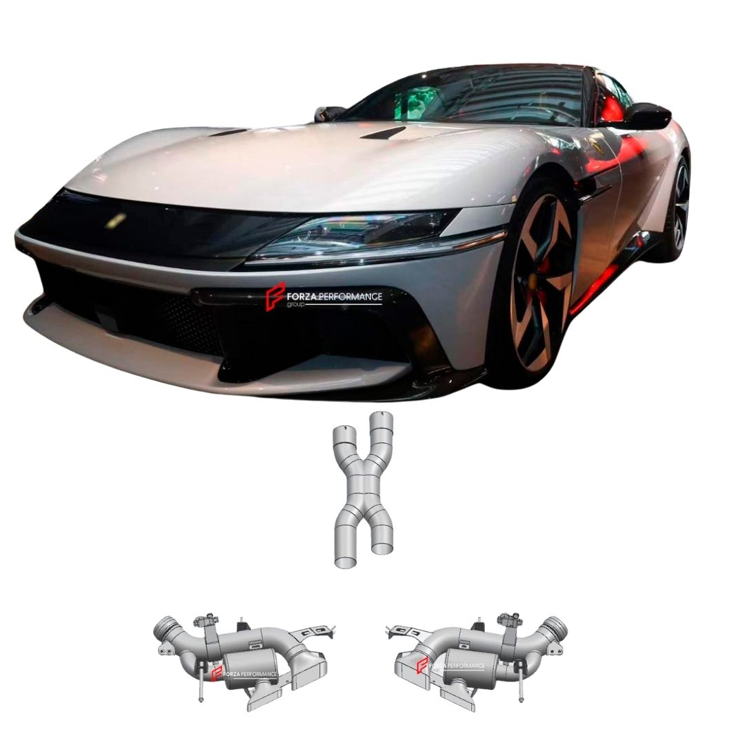VALVED EXHAUST X PIPE CATBACK MUFFLER for FERRARI 12 CILINDRI V12 6.5 2024+ FORZA PERFORMANCE Custom Fit

Set includes:

Middle X Pipe
Left Valved Bypass Muffler with Exhaust Tips
Right Valved Bypass Muffler with Exhaust Tips
Electronic Valve Actuators
Material: Stainless Steel (Can be made of Titanium)

Production time: 10–15 days
