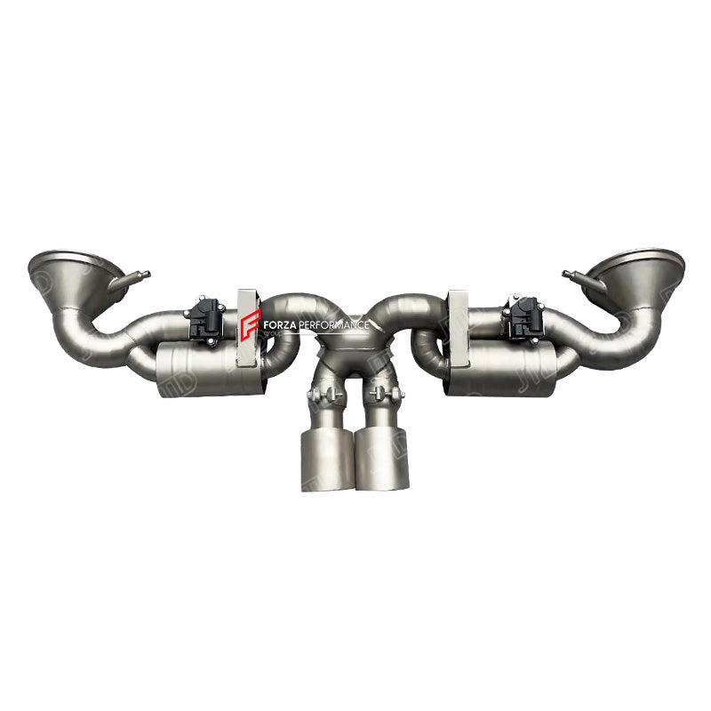 Forza Performance Aggressive sporty sound VALVED MUFFLER EXHAUST SYSTEM for PORSCHE 911 992.1 GT3RS 4.0T 2023+

Valved exhaust, meaning that has remote, controlled valves - allowing a switch between an aggressive loud sports sound and a sound that is closer to the OEM sound

Set includes:

Inlets
Valved Bypass Mufflers
Exhaust Tips
Electronic Valve Remote Control 

Material: Stainless Steel / Titanium

Optional: We can offer downpipe and catless downpipe.

Production time: 15 days

FEATURES:

Engineered Dig