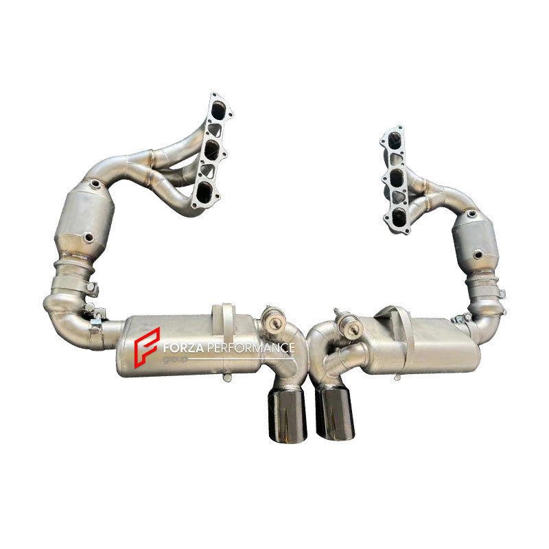 Forza Performance Aggressive sporty sound VALVED MUFFLER MANIFOLD EXHAUST SYSTEM for PORSCHE 911 991.2 GT3 GT3RS 4.0T 2017 - 2019

Valved exhaust, meaning that has remote, controlled valves - allowing a switch between an aggressive loud sports sound and a sound that is closer to the OEM sound

Set includes:

Exhaust Manifold
Catalytic Converters
Valved Bypass Mufflers
Exhaust Tips
Electronic Valve Remote Control&nbsp;

Material: Stainless Steel (Can be made in Titanium)

Optional: We can offer downpipe and 