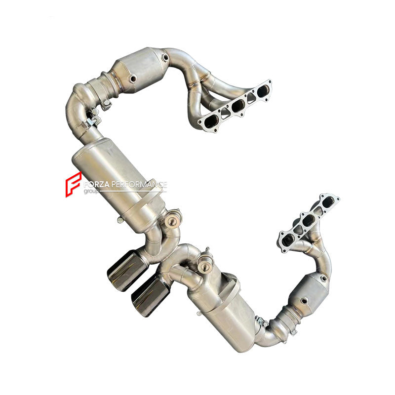 Forza Performance Aggressive sporty sound VALVED MUFFLER MANIFOLD EXHAUST SYSTEM for PORSCHE 911 991.2 GT3 GT3RS 4.0T 2017 - 2019

Valved exhaust, meaning that has remote, controlled valves - allowing a switch between an aggressive loud sports sound and a sound that is closer to the OEM sound

Set includes:

Exhaust Manifold
Catalytic Converters
Valved Bypass Mufflers
Exhaust Tips
Electronic Valve Remote Control&nbsp;

Material: Stainless Steel (Can be made in Titanium)

Optional: We can offer downpipe and 
