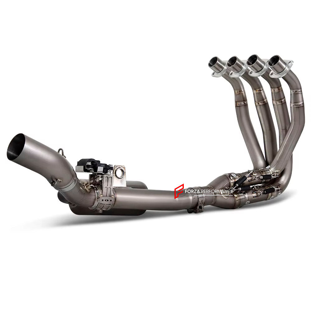 VALVED TITANIUM MOTORCYCLE EXHAUST SYSTEM for KAWASAKI ZX-4R

Set include:

Header
4-1 Merge Collector
Resonator
Mid Pipe

Aprox Weight: 5 kg (11 lbs)

Material: Titanium (can be made in Stainless Steel)

NOTE:&nbsp;Professional installation is required.

FEATURES:

Engineered Digital prototyping using 3D CAD design software, each car model chassis has been 3D laser scanned in the factor
Factory run all test cars on Italian 1200HP Dyno machine, to make the best performance design of exhaust
CNC bending mach