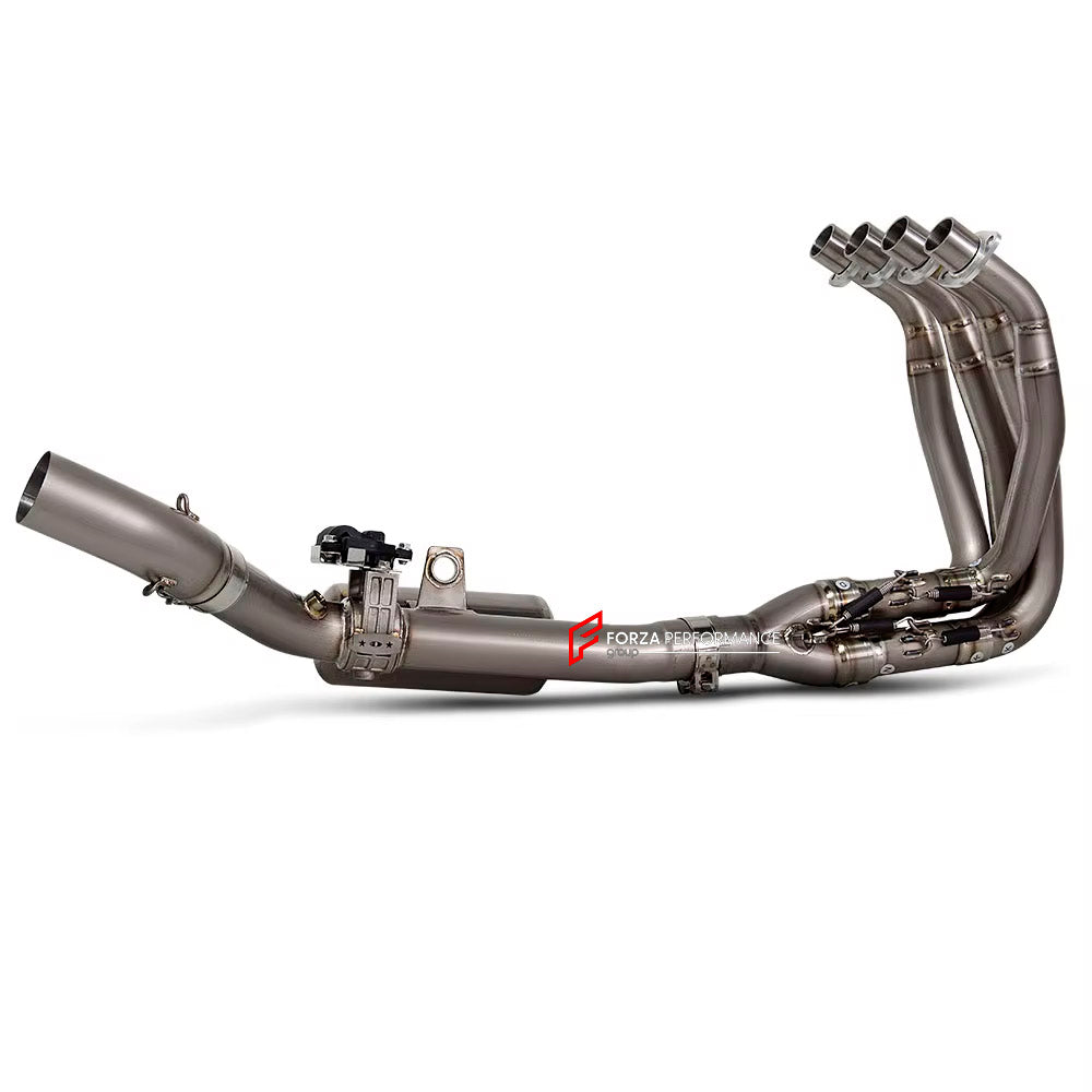 VALVED TITANIUM MOTORCYCLE EXHAUST SYSTEM for KAWASAKI ZX-4R

Set include:

Header
4-1 Merge Collector
Resonator
Mid Pipe

Aprox Weight: 5 kg (11 lbs)

Material: Titanium (can be made in Stainless Steel)

NOTE:&nbsp;Professional installation is required.

FEATURES:

Engineered Digital prototyping using 3D CAD design software, each car model chassis has been 3D laser scanned in the factor
Factory run all test cars on Italian 1200HP Dyno machine, to make the best performance design of exhaust
CNC bending mach