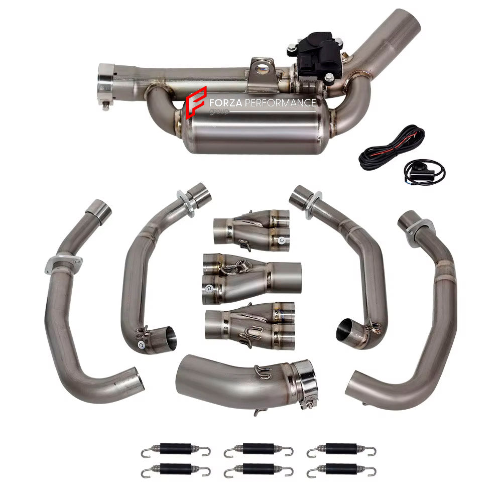 VALVED TITANIUM MOTORCYCLE EXHAUST SYSTEM for KAWASAKI ZX-4R

Set include:

Header
4-1 Merge Collector
Resonator
Mid Pipe

Aprox Weight: 5 kg (11 lbs)

Material: Titanium (can be made in Stainless Steel)

NOTE:&nbsp;Professional installation is required.

FEATURES:

Engineered Digital prototyping using 3D CAD design software, each car model chassis has been 3D laser scanned in the factor
Factory run all test cars on Italian 1200HP Dyno machine, to make the best performance design of exhaust
CNC bending mach