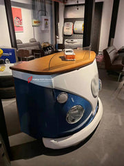 Volkswagen T1 Bus inspired reception desk and bar counter, car showroom reception counter, gas station kiosk counter, dealership reception desk, saloon bar counter, automotive furniture, indoor and outside event counter, custom van inspired furniture, luxury showroom decor