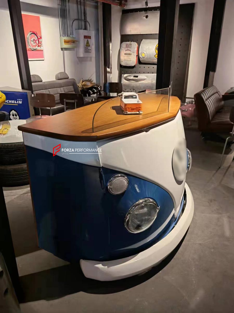 Volkswagen T1 Bus inspired reception desk and bar counter, car showroom reception counter, gas station kiosk counter, dealership reception desk, saloon bar counter, automotive furniture, indoor and outside event counter, custom van inspired furniture, luxury showroom decor