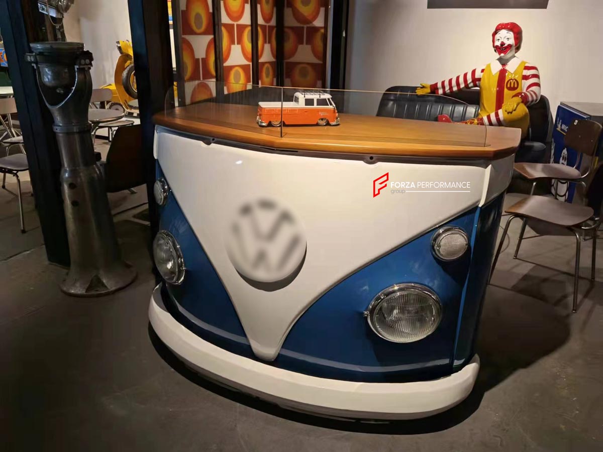 Volkswagen T1 Bus inspired reception desk and bar counter, car showroom reception counter, gas station kiosk counter, dealership reception desk, saloon bar counter, automotive furniture, indoor and outside event counter, custom van inspired furniture, luxury showroom decor