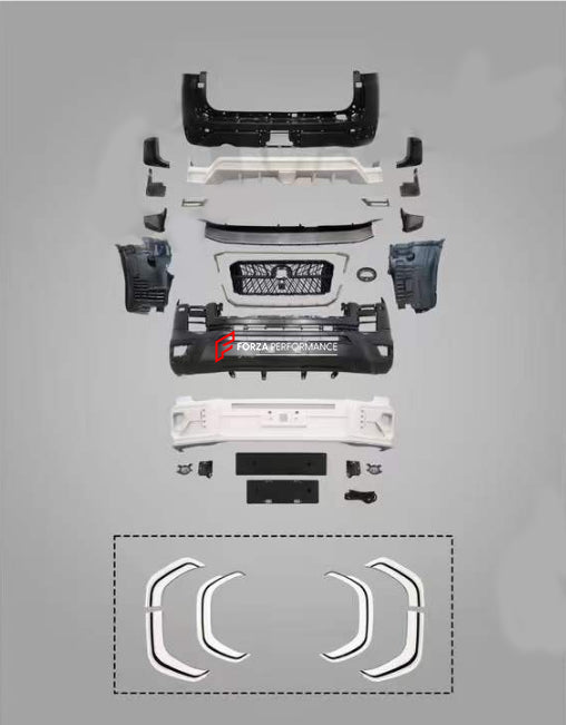 WIDE BODY KIT FOR TOYOTA LAND CRUISER 300 LC 300 2022+ | W-STYLE

Set includes:

Front Bumper Assembly
Front Fender Flares
Rear Fender Flares
Rear Spoiler
Rear Bumper Assembly

Rear Diffuser

Material: FRP Fiberglass and Plastic Chrome Inserts

NOTE: Very professional installation/modification is required