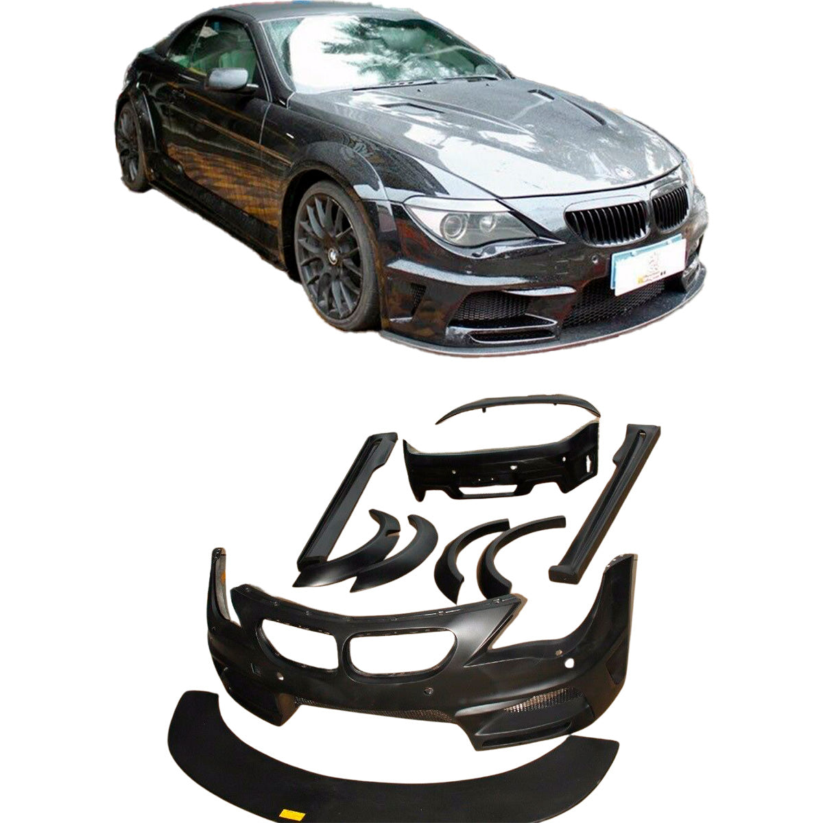 Wide Body Kit For BMW 6 Series E63 E64 M6 630i 645i 650i 2003-2010

Set includes:

Front Bumper
Front Spoiler Under the Bumper
Front Sender Flares
Side Skirts
Rear Fender Flares
Rear Bumper
Trunk Spoiler

Material: FRP Fiberglass

NOTE: Professional installation is required, make sure your workshop is experienced in installing fiberglass body kits. Need to cut/enlarge OEM front and rear fender wheel arches