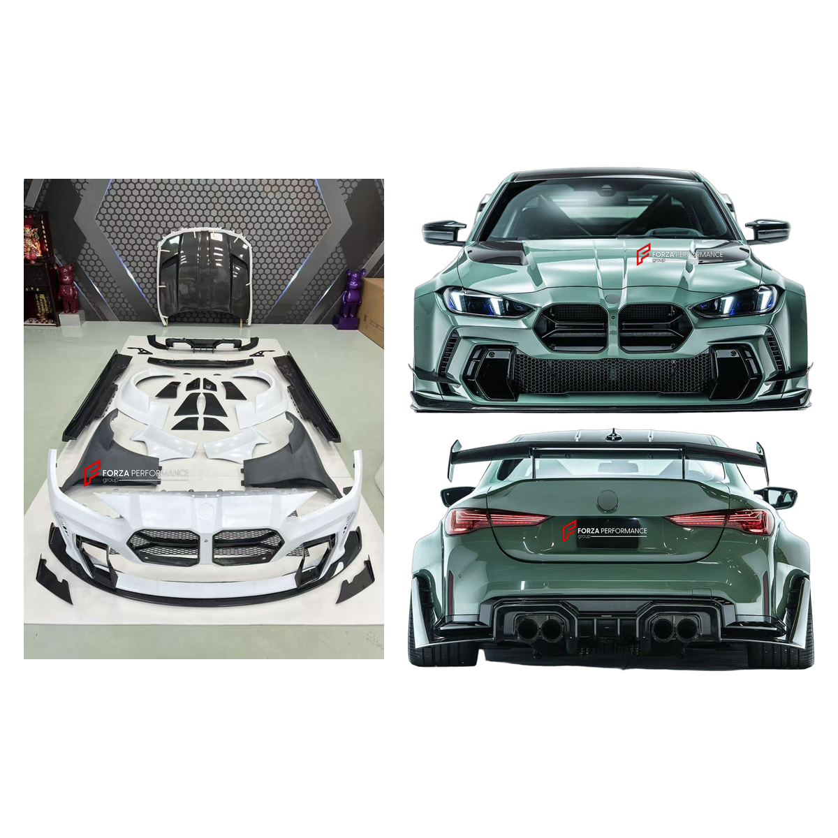 CARBON WIDE BODY KIT for BMW M4 G82 2021 - 2024 FORZA PERFORMANCE custom fit Adro Style

Set includes:
Front Lip
Front Bumper Assembly
Front Grille
Hood Bonnet
Front Fenders
Side Skirts
Rear Fenders
Rear Spoiler Wing
Rear Diffuser

Material: Carbon, Plastic

NOTE: Professional installation is required.