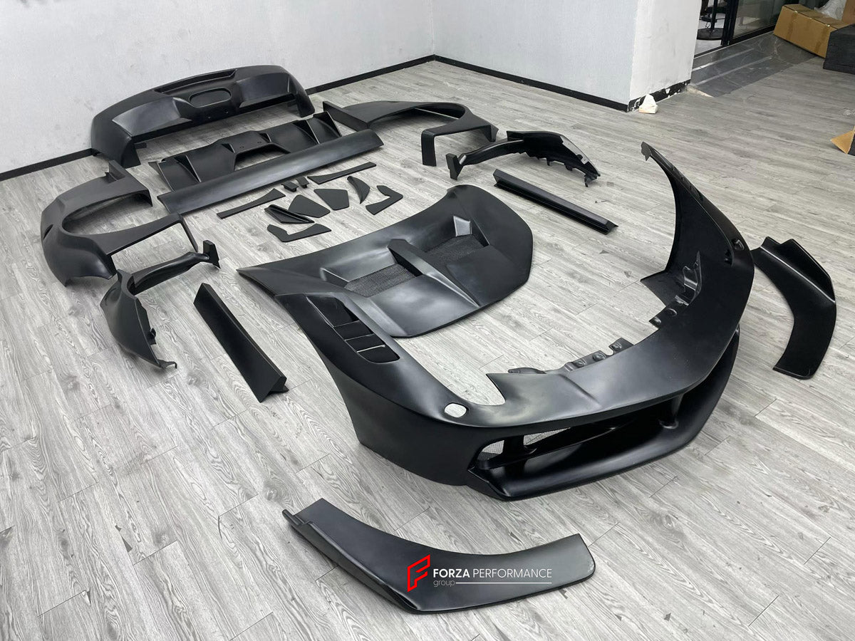 WIDE BODY KIT for FERRARI 458 ITALIA SPIDER 2009 - 2015 FORZA PERFORMANCE custom fit LB Style

Set includes:
Front Lip
Front Bumper Assembly
Hood Bonnet
Front Fenders
Fender Flares
Side Skirts
Rear Fenders
Rear Spoiler Wing
Rear Bumper Assembly
Rear Diffuser

Material: Plastic

NOTE: Professional installation is required.