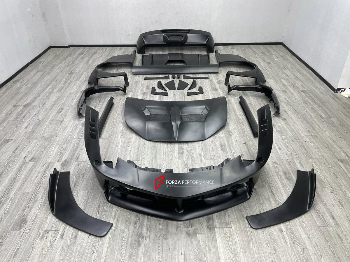 WIDE BODY KIT for FERRARI 458 ITALIA SPIDER 2009 - 2015 FORZA PERFORMANCE custom fit LB Style

Set includes:
Front Lip
Front Bumper Assembly
Hood Bonnet
Front Fenders
Fender Flares
Side Skirts
Rear Fenders
Rear Spoiler Wing
Rear Bumper Assembly
Rear Diffuser

Material: Plastic

NOTE: Professional installation is required.