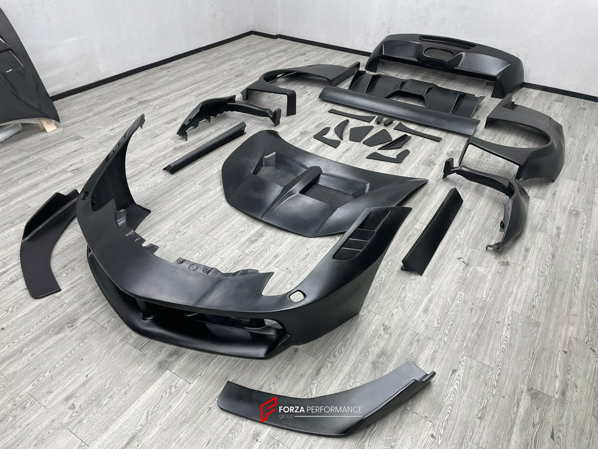WIDE BODY KIT for FERRARI 458 ITALIA SPIDER 2009 - 2015 FORZA PERFORMANCE custom fit LB Style

Set includes:
Front Lip
Front Bumper Assembly
Hood Bonnet
Front Fenders
Fender Flares
Side Skirts
Rear Fenders
Rear Spoiler Wing
Rear Bumper Assembly
Rear Diffuser

Material: Plastic

NOTE: Professional installation is required.