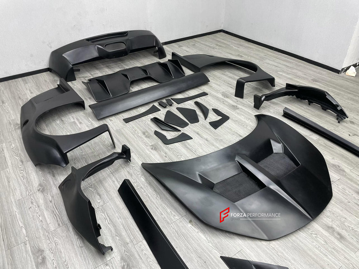 WIDE BODY KIT for FERRARI 458 ITALIA SPIDER 2009 - 2015 FORZA PERFORMANCE custom fit LB Style

Set includes:
Front Lip
Front Bumper Assembly
Hood Bonnet
Front Fenders
Fender Flares
Side Skirts
Rear Fenders
Rear Spoiler Wing
Rear Bumper Assembly
Rear Diffuser

Material: Plastic

NOTE: Professional installation is required.