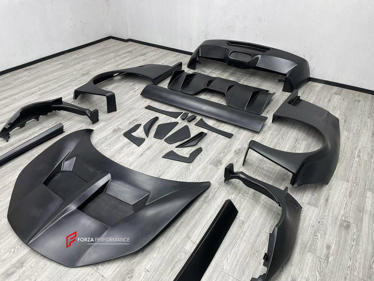WIDE BODY KIT for FERRARI 458 ITALIA SPIDER 2009 - 2015 FORZA PERFORMANCE custom fit LB Style

Set includes:
Front Lip
Front Bumper Assembly
Hood Bonnet
Front Fenders
Fender Flares
Side Skirts
Rear Fenders
Rear Spoiler Wing
Rear Bumper Assembly
Rear Diffuser

Material: Plastic

NOTE: Professional installation is required.