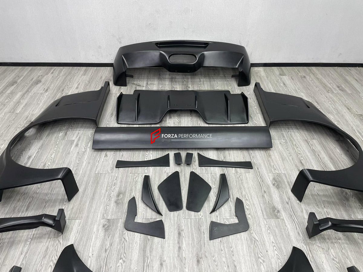 WIDE BODY KIT for FERRARI 458 ITALIA SPIDER 2009 - 2015 FORZA PERFORMANCE custom fit LB Style

Set includes:
Front Lip
Front Bumper Assembly
Hood Bonnet
Front Fenders
Fender Flares
Side Skirts
Rear Fenders
Rear Spoiler Wing
Rear Bumper Assembly
Rear Diffuser

Material: Plastic

NOTE: Professional installation is required.