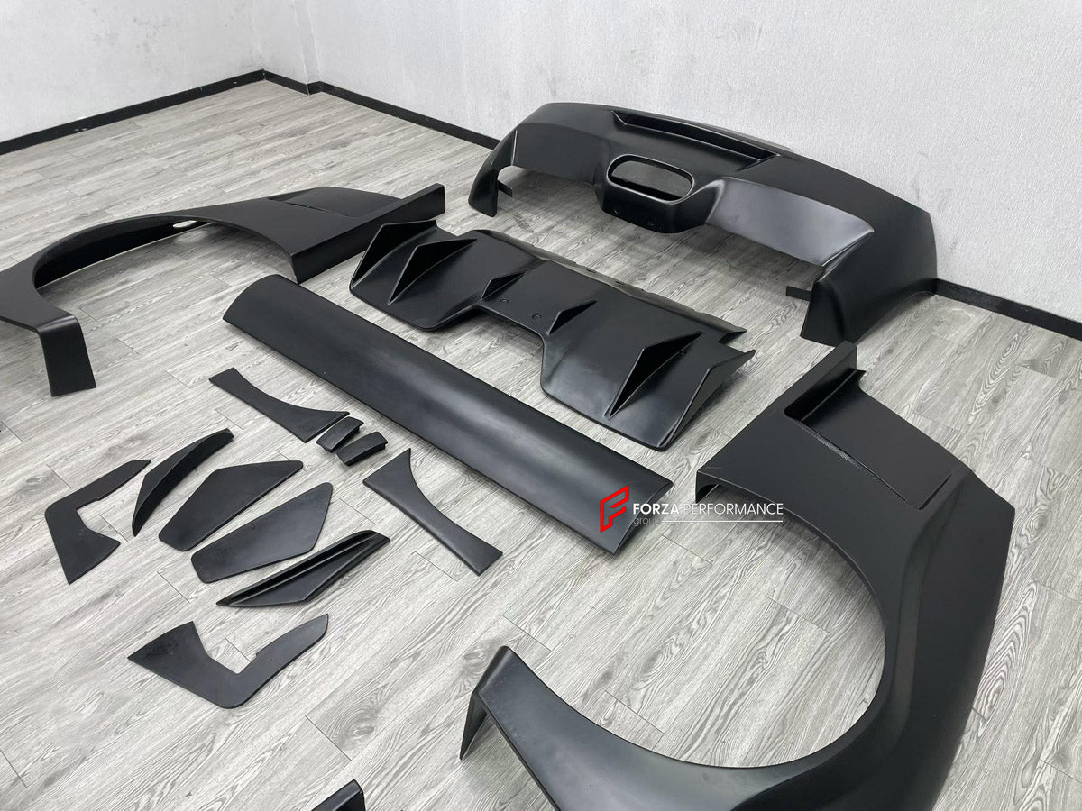 WIDE BODY KIT for FERRARI 458 ITALIA SPIDER 2009 - 2015 FORZA PERFORMANCE custom fit LB Style

Set includes:
Front Lip
Front Bumper Assembly
Hood Bonnet
Front Fenders
Fender Flares
Side Skirts
Rear Fenders
Rear Spoiler Wing
Rear Bumper Assembly
Rear Diffuser

Material: Plastic

NOTE: Professional installation is required.