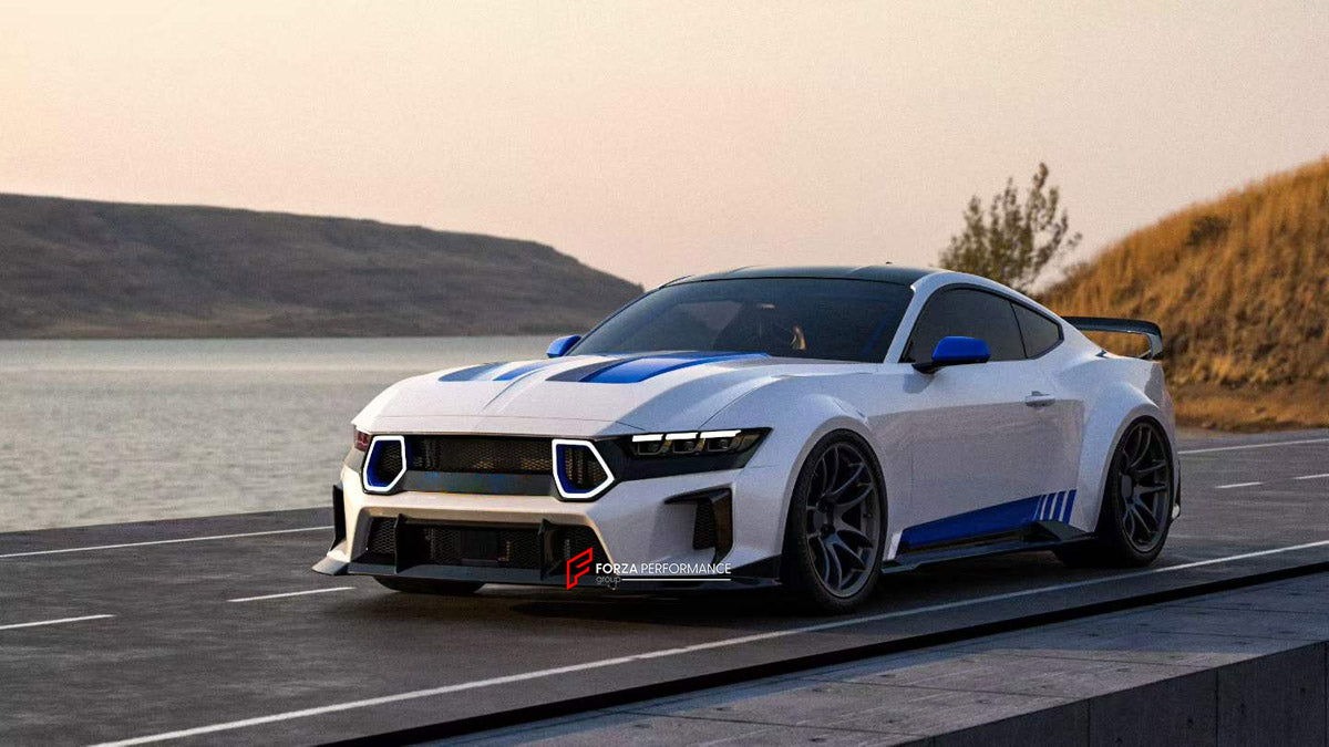 WIDE BODY KIT for FORD MUSTANG VII S650 2024+ FORZA PERFORMANCE custom fit Jedi Style

Set includes:
Front Lip
Front Bumper Assembly
Front Bumper Air Vent Covers
Front Grille
Fender Flares
Side Skirts
Rear Spoiler Wing
Rear Diffuser

Material: Plastic

NOTE: Professional installation is required.