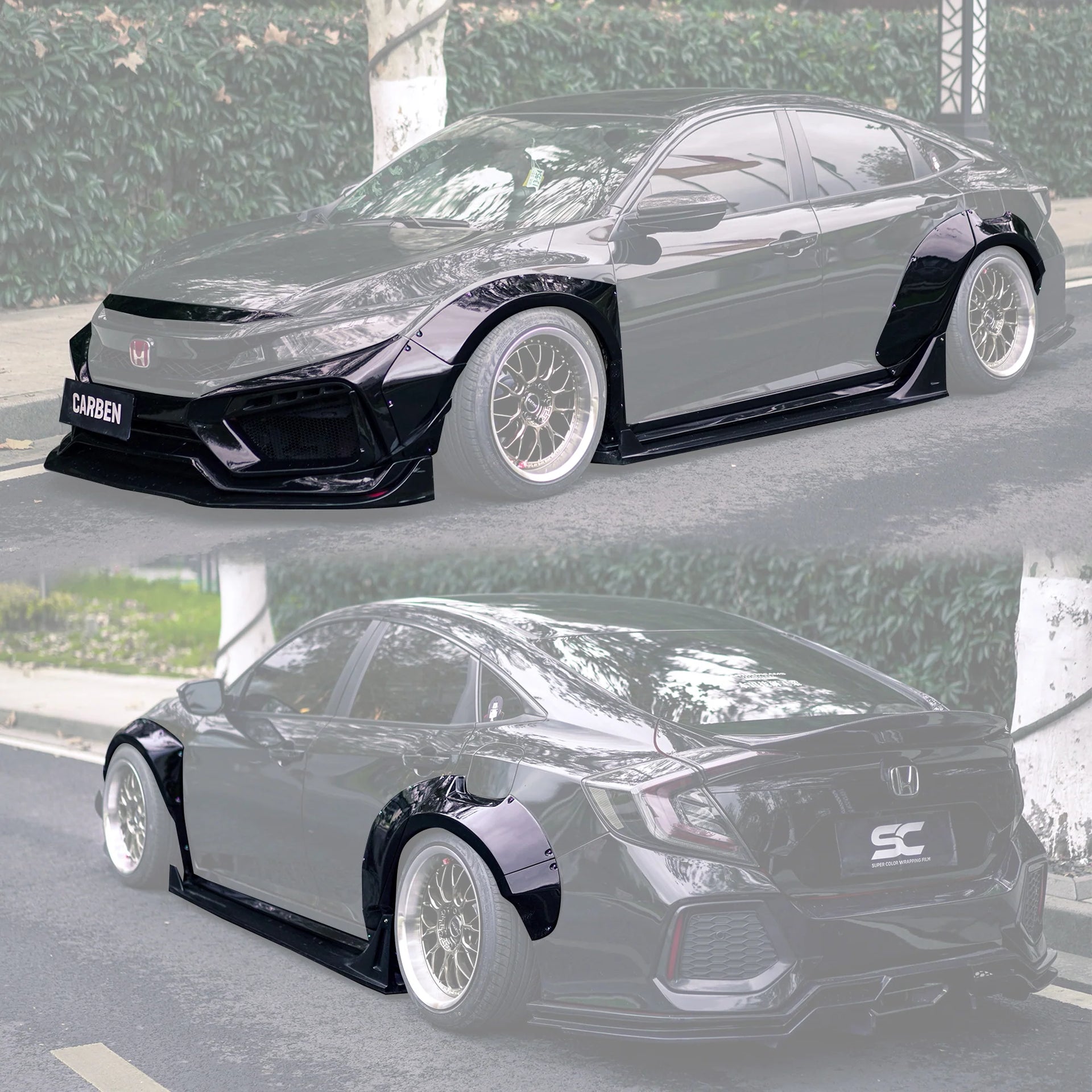 WIDE BODY KIT for HONDA CIVIC SEDAN HATCHBACK FC FK 2015 - 2022

Set includes:

Front Lip
Front Bumper Assembly

Hood / Bonnet

Front Fenders
Side Skirts

Rear Fenders
Rear Wing Spoiler

Rear Bumper
Rear Diffuser

Material: Wet Carbon with Fiberglass

NOTE: Professional installation is required. Cutting front fenders and rear quarter panels is required. Dont fit to the Type R.

Why “Contact Us for Pricing”?

We don’t display fixed prices because our goal is to offer you the most competitive deal possible. P