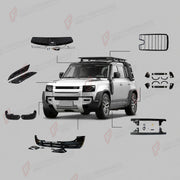 WIDE BODY KIT for LAND ROVER DEFENDER 90 110 130 L663 2020+
Set includes:

Front Bumper Corner Covers
Hood Vent Covers
Wide Fender Flares
Electric Side Step Running Boards
Front Roof Light Bar
Roof Rack
Rear Diffuser
Material: ABS

NOTE: Professional installation is required.