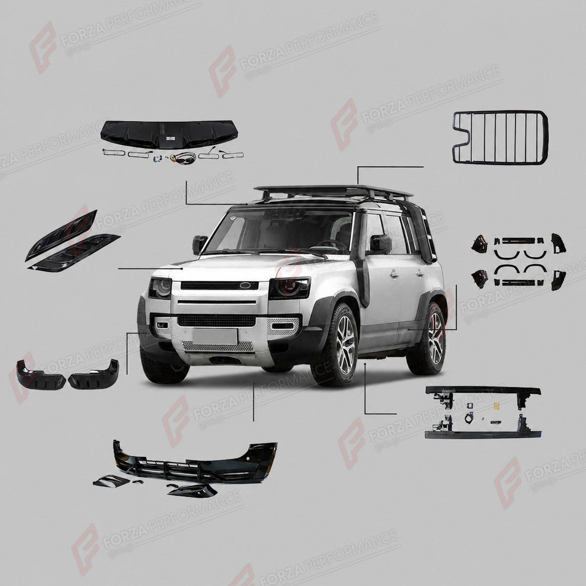 WIDE BODY KIT for LAND ROVER DEFENDER 90 110 130 L663 2020+
Set includes:

Front Bumper Corner Covers
Hood Vent Covers
Wide Fender Flares
Electric Side Step Running Boards
Front Roof Light Bar
Roof Rack
Rear Diffuser
Material: ABS

NOTE: Professional installation is required.