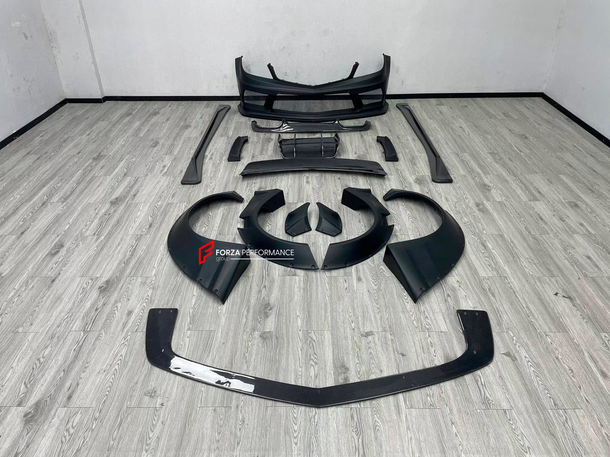 WIDE BODY KIT for MERCEDES BENZ C CLASS W204 C63 2 DOOR 4 DOOR 2007 - 2014
Set includes:

Front Bumper
Front Lip
Front Canards
Fender Flares (Front and Rear)
Side Skirts
Rear Diffuser
Material: FRP and Carbon

NOTE: Professional installation is required.