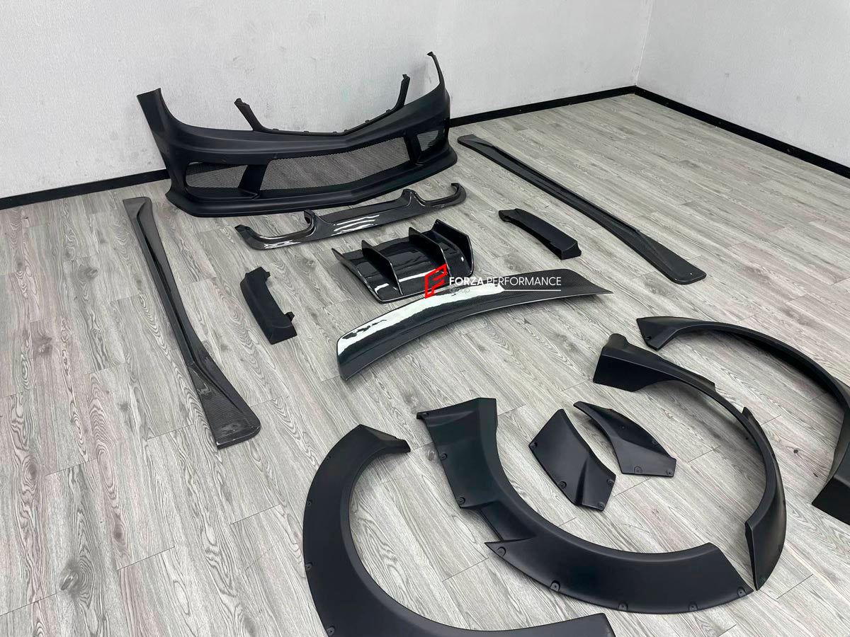 WIDE BODY KIT for MERCEDES BENZ C CLASS W204 C63 2 DOOR 4 DOOR 2007 - 2014
Set includes:

Front Bumper
Front Lip
Front Canards
Fender Flares (Front and Rear)
Side Skirts
Rear Diffuser
Material: FRP and Carbon

NOTE: Professional installation is required.