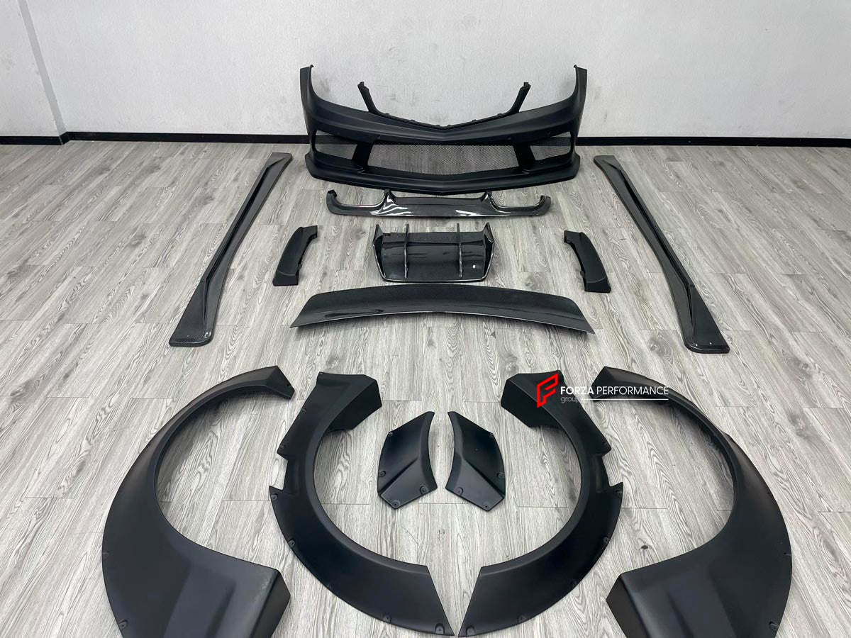 WIDE BODY KIT for MERCEDES BENZ C CLASS W204 C63 2 DOOR 4 DOOR 2007 - 2014
Set includes:

Front Bumper
Front Lip
Front Canards
Fender Flares (Front and Rear)
Side Skirts
Rear Diffuser
Material: FRP and Carbon

NOTE: Professional installation is required.