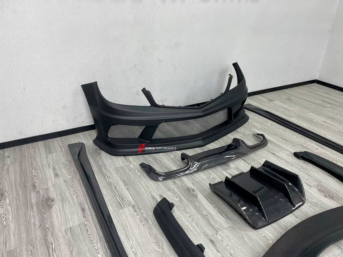 WIDE BODY KIT for MERCEDES BENZ C CLASS W204 C63 2 DOOR 4 DOOR 2007 - 2014
Set includes:

Front Bumper
Front Lip
Front Canards
Fender Flares (Front and Rear)
Side Skirts
Rear Diffuser
Material: FRP and Carbon

NOTE: Professional installation is required.