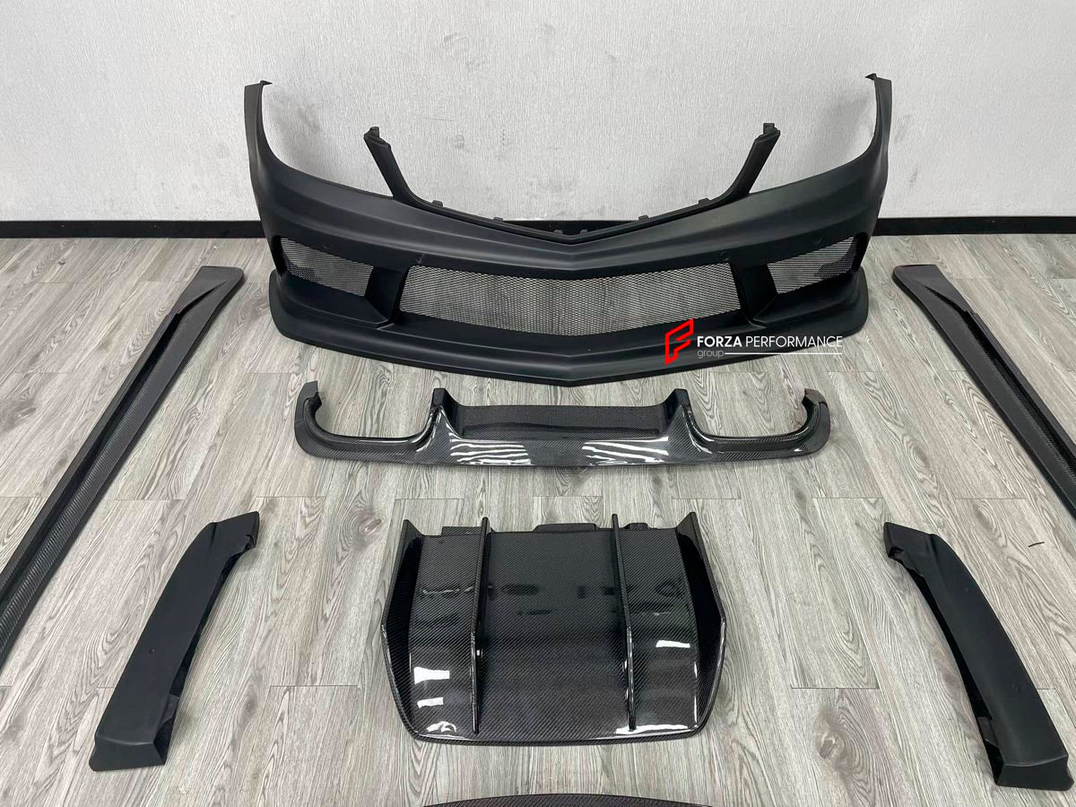 WIDE BODY KIT for MERCEDES BENZ C CLASS W204 C63 2 DOOR 4 DOOR 2007 - 2014
Set includes:

Front Bumper
Front Lip
Front Canards
Fender Flares (Front and Rear)
Side Skirts
Rear Diffuser
Material: FRP and Carbon

NOTE: Professional installation is required.