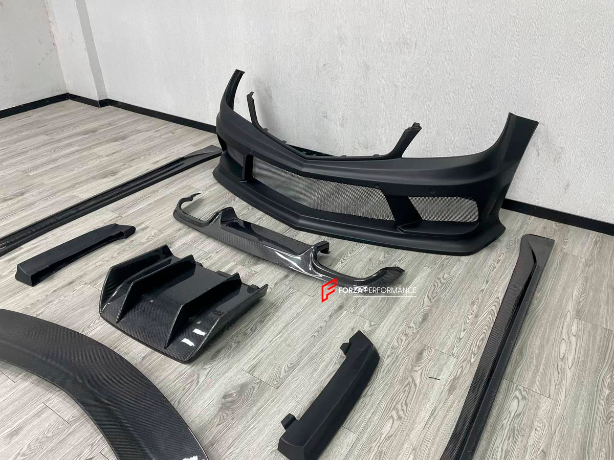 WIDE BODY KIT for MERCEDES BENZ C CLASS W204 C63 2 DOOR 4 DOOR 2007 - 2014
Set includes:

Front Bumper
Front Lip
Front Canards
Fender Flares (Front and Rear)
Side Skirts
Rear Diffuser
Material: FRP and Carbon

NOTE: Professional installation is required.