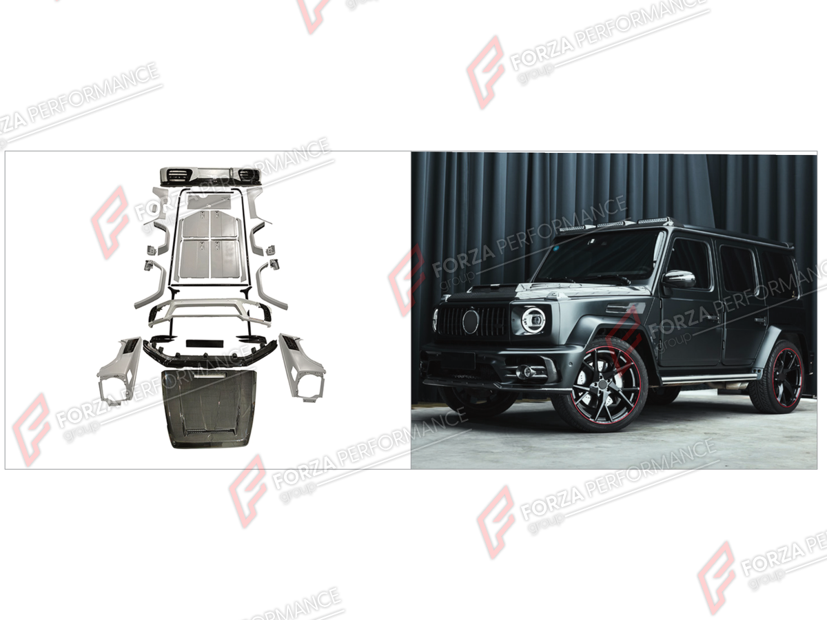 WIDE BODY KIT for MERCEDES-BENZ G-CLASS W464 2019 - 2024 FORZA PERFORMANCE custom fit M Style
Set includes:

Front Lip
Front Bumper Assembly
License Plate
Hood Bonnet
Front Fender Flares
Doors
Rear Fender Flares
Rear Bumper Assembly
Material: Plastic

NOTE: Professional installation is required.