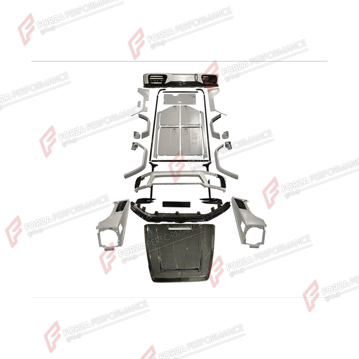 WIDE BODY KIT for MERCEDES-BENZ G-CLASS W464 2019 - 2024 FORZA PERFORMANCE custom fit M Style
Set includes:

Front Lip
Front Bumper Assembly
License Plate
Hood Bonnet
Front Fender Flares
Doors
Rear Fender Flares
Rear Bumper Assembly
Material: Plastic

NOTE: Professional installation is required.